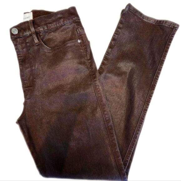 Frame Le Sylvie Slender Straight Brown Coated Denim Jeans, 28 - Picture 1 of 12